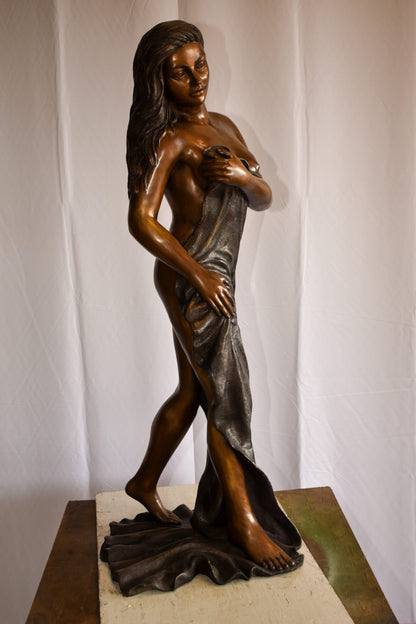Beautiful Women Nude Art Holding Drape Bronze Statue 22" x 18" x 49"H