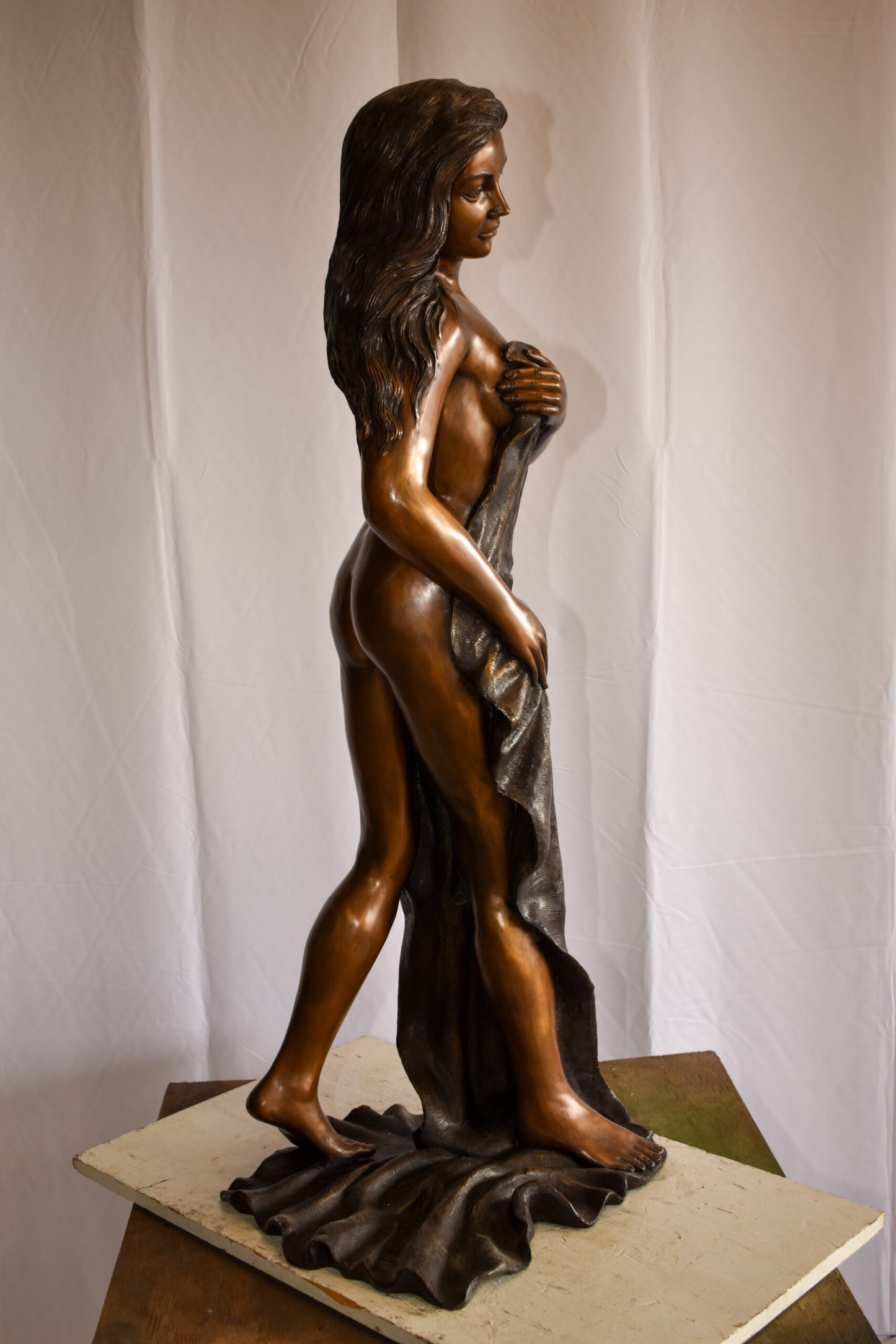 Beautiful Women Nude Art Holding Drape Bronze Statue 22" x 18" x 49"H