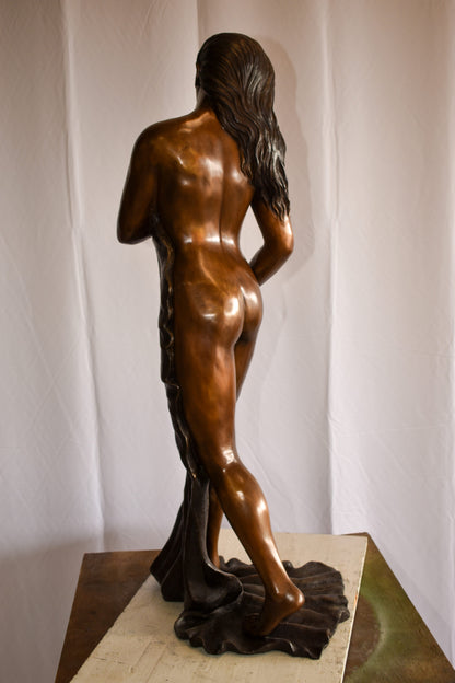 Beautiful Women Nude Art Holding Drape Bronze Statue 22" x 18" x 49"H