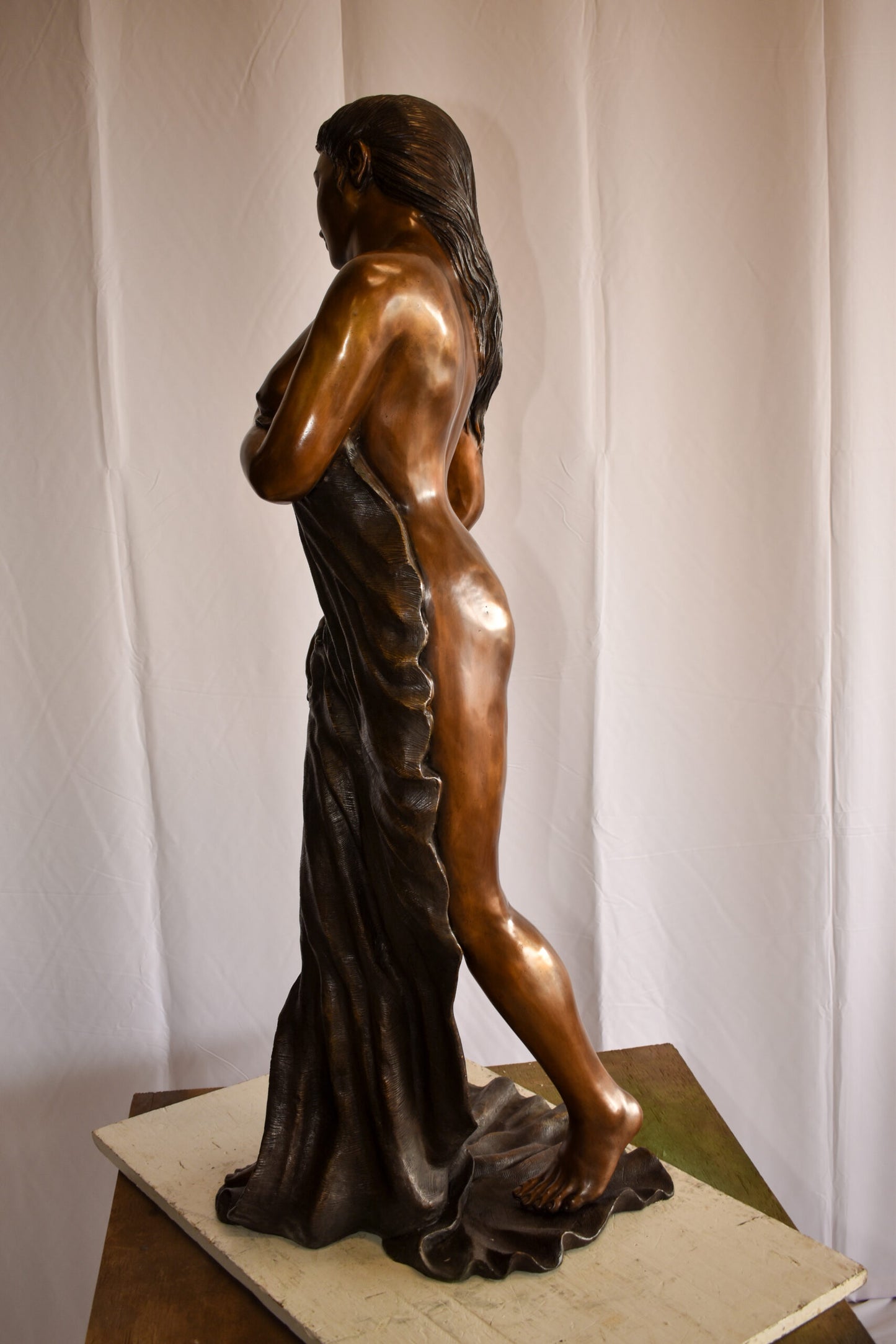 Beautiful Women Nude Art Holding Drape Bronze Statue 22" x 18" x 49"H