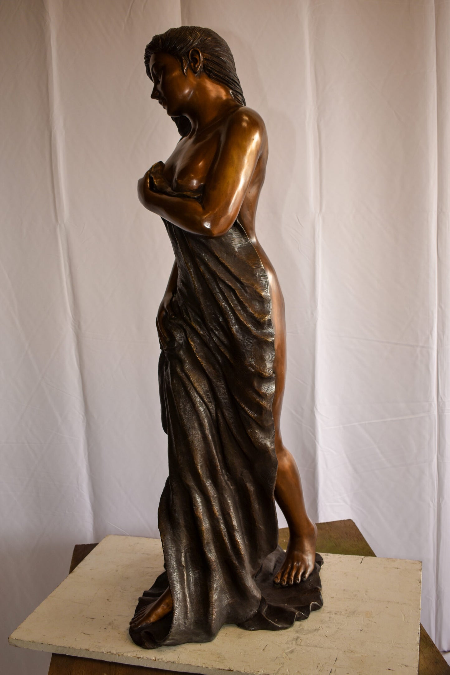 Beautiful Women Nude Art Holding Drape Bronze Statue 22" x 18" x 49"H