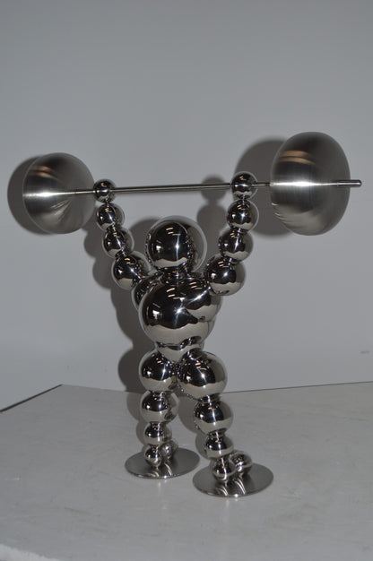 Modern Art Weightlifter Up Position Chrome Balls Statue - Size: 20"x5"x17"H