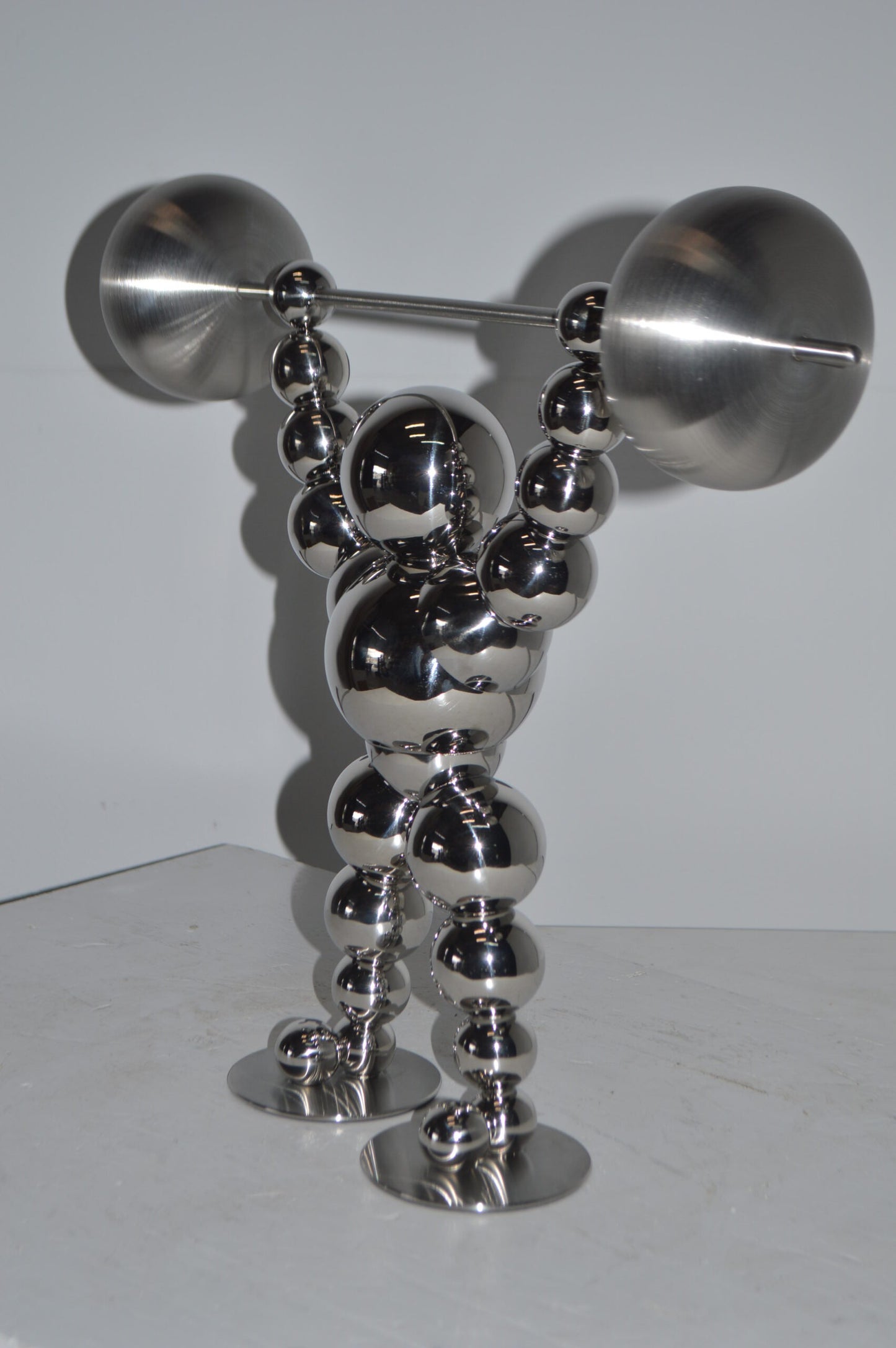 Modern Art Weightlifter Up Position Chrome Balls Statue - Size: 20"x5"x17"H