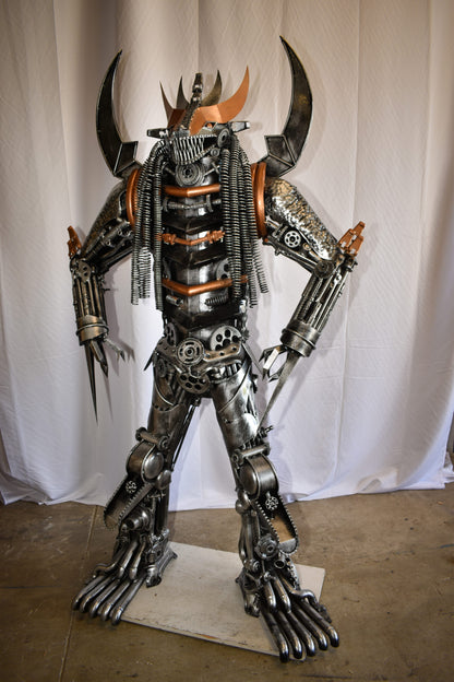 Colorfull impresive Statue of a warrier made of metal scraps 48" x 20" x 82"H