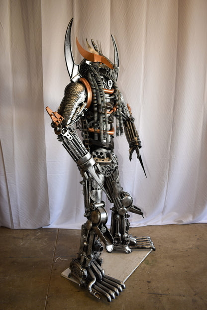 Colorfull impresive Statue of a warrier made of metal scraps 48" x 20" x 82"H