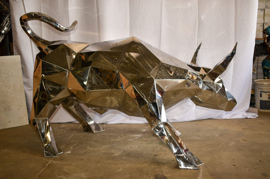 Modern Variation of Wall Street Bull Stainless Steel Statue 80" x 49" x 49"H