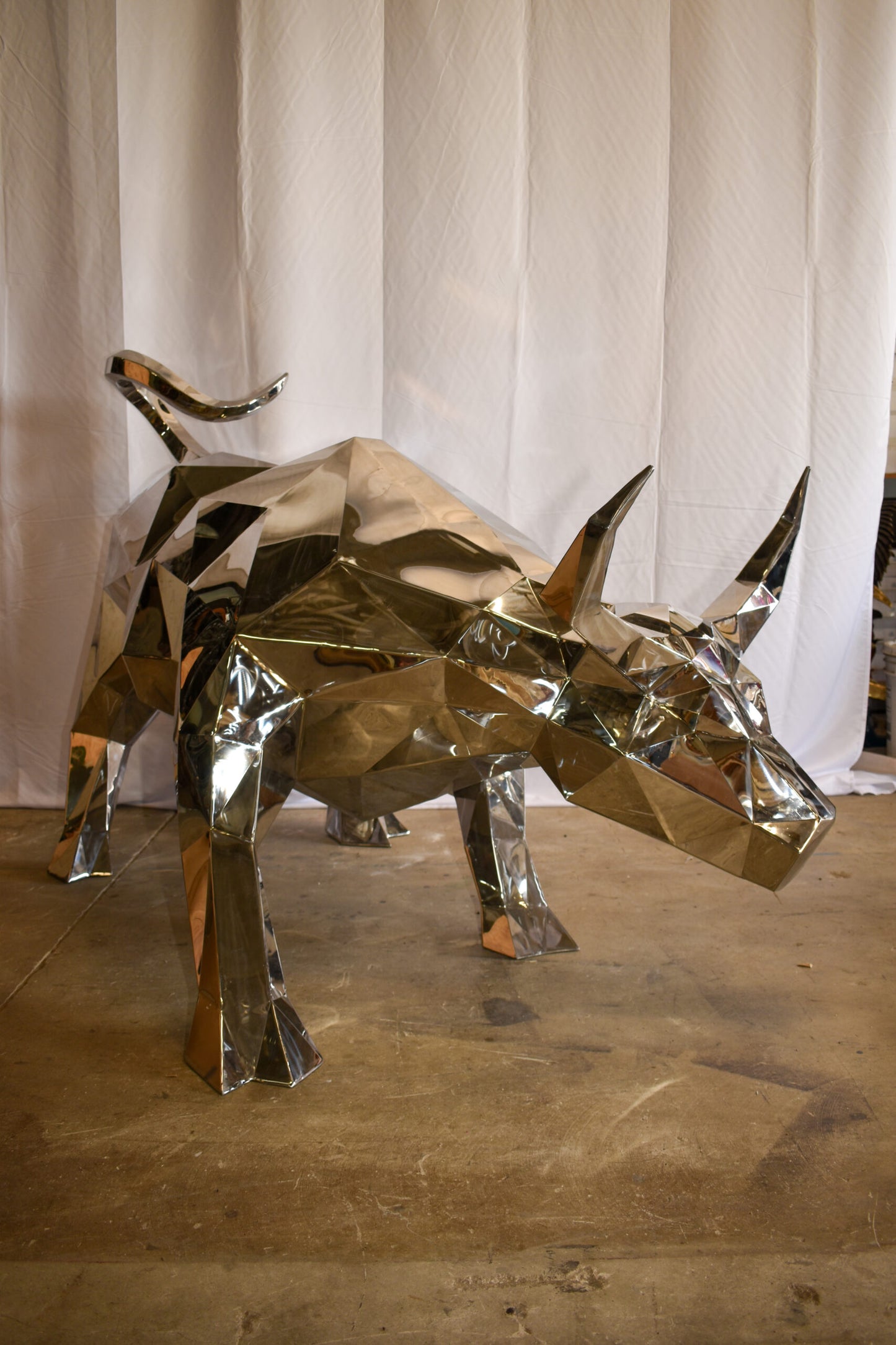 Modern Variation of Wall Street Bull Stainless Steel Statue 80" x 49" x 49"H