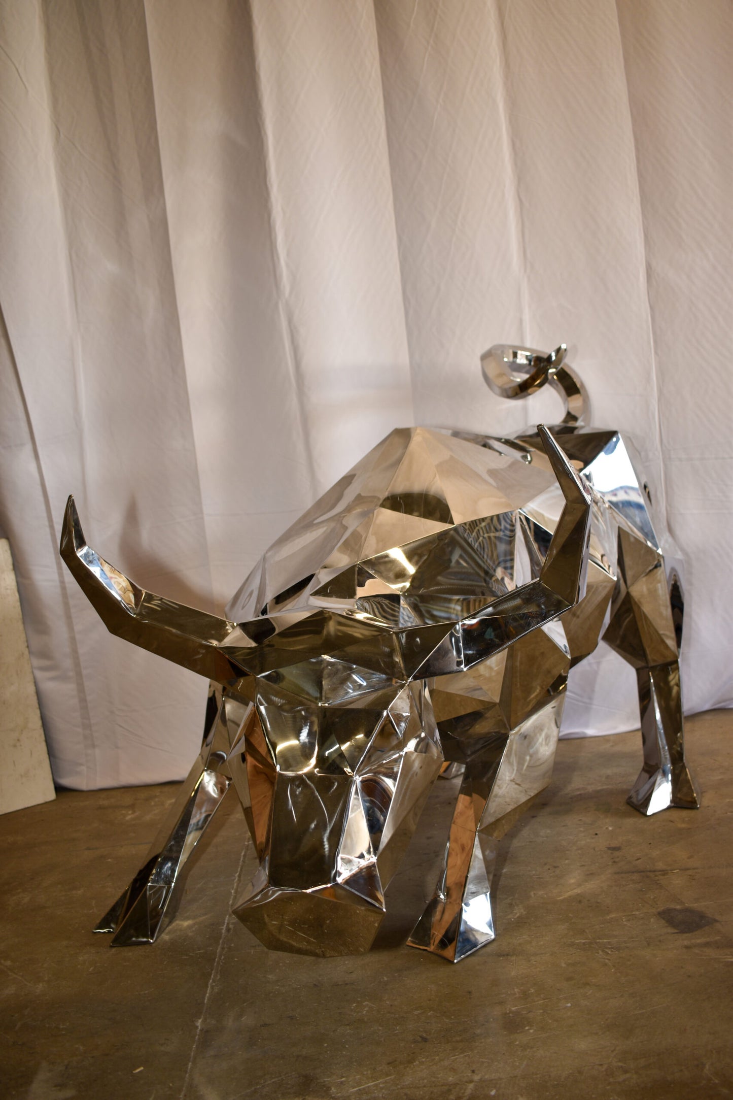 Modern Variation of Wall Street Bull Stainless Steel Statue 80" x 49" x 49"H