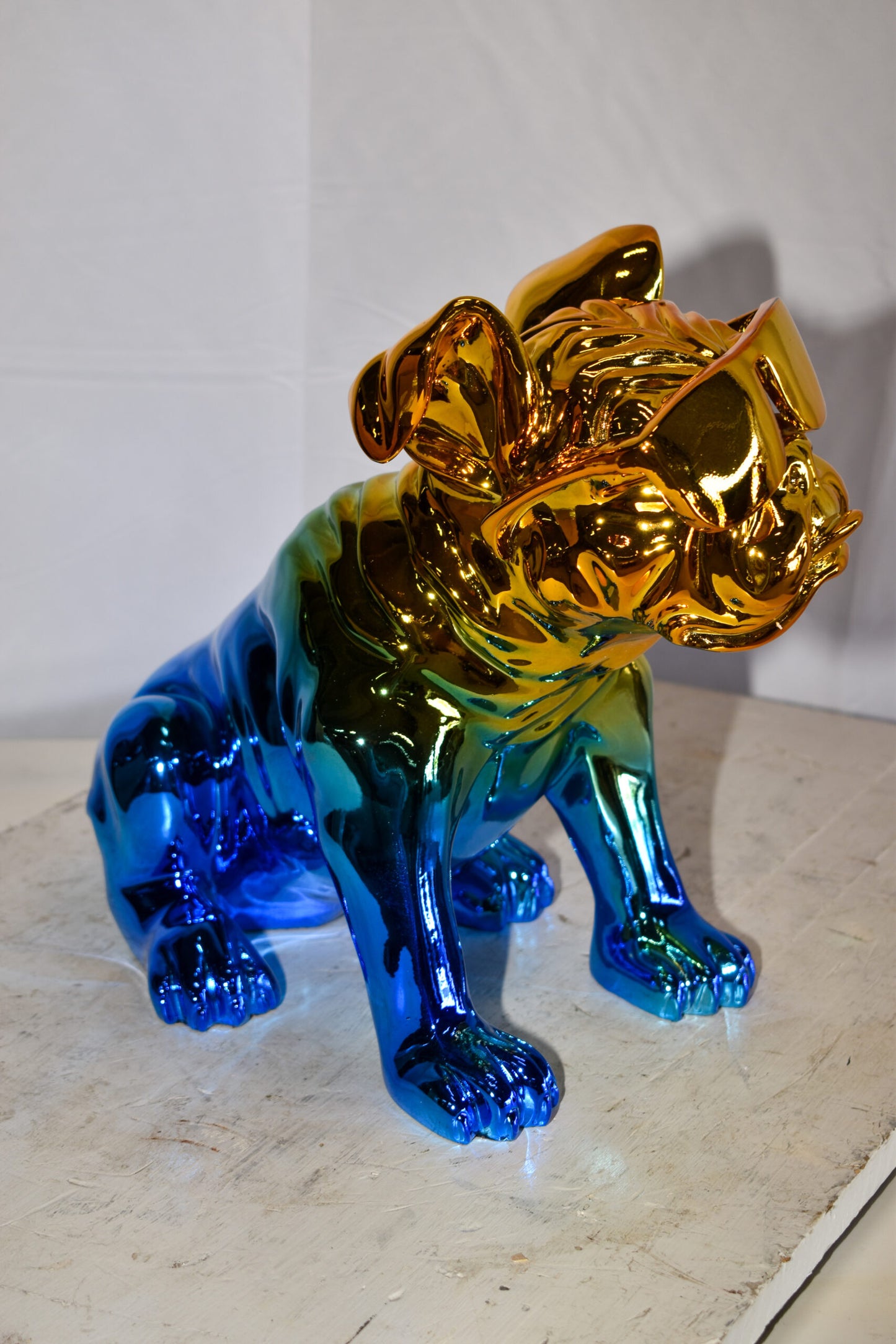 Ombre Blue Chrome Colored Bulldog Resin Statue 16" x 9" x 13"H
