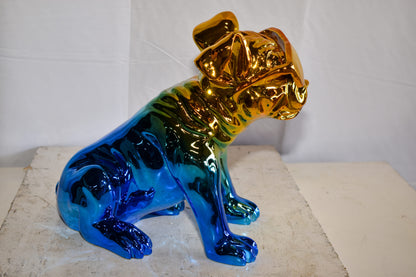 Ombre Blue Chrome Colored Bulldog Resin Statue 16" x 9" x 13"H