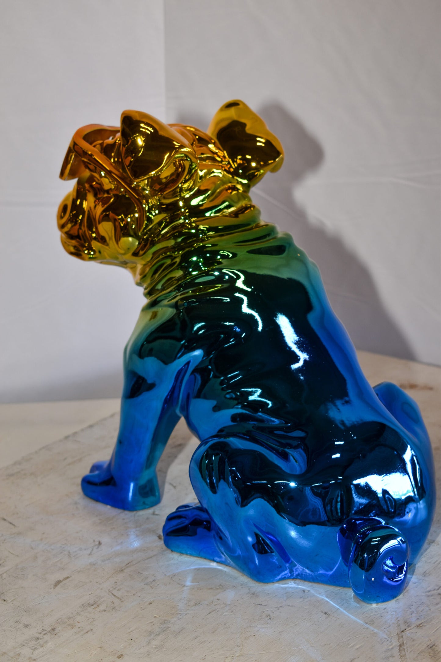 Ombre Blue Chrome Colored Bulldog Resin Statue 16" x 9" x 13"H