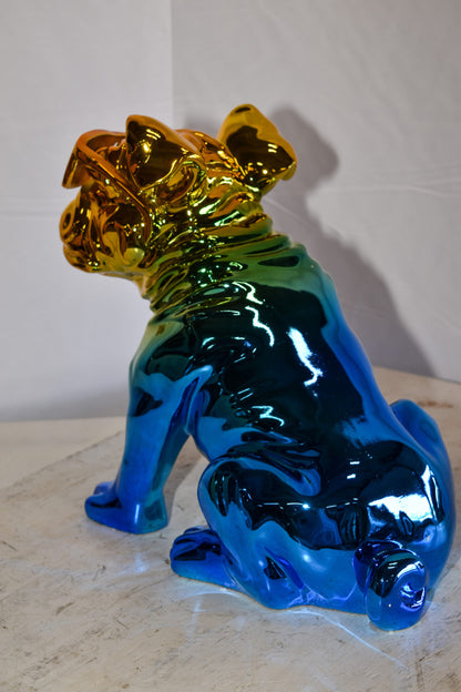 Ombre Blue Chrome Colored Bulldog Resin Statue 16" x 9" x 13"H