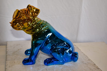 Ombre Blue Chrome Colored Bulldog Resin Statue 16" x 9" x 13"H