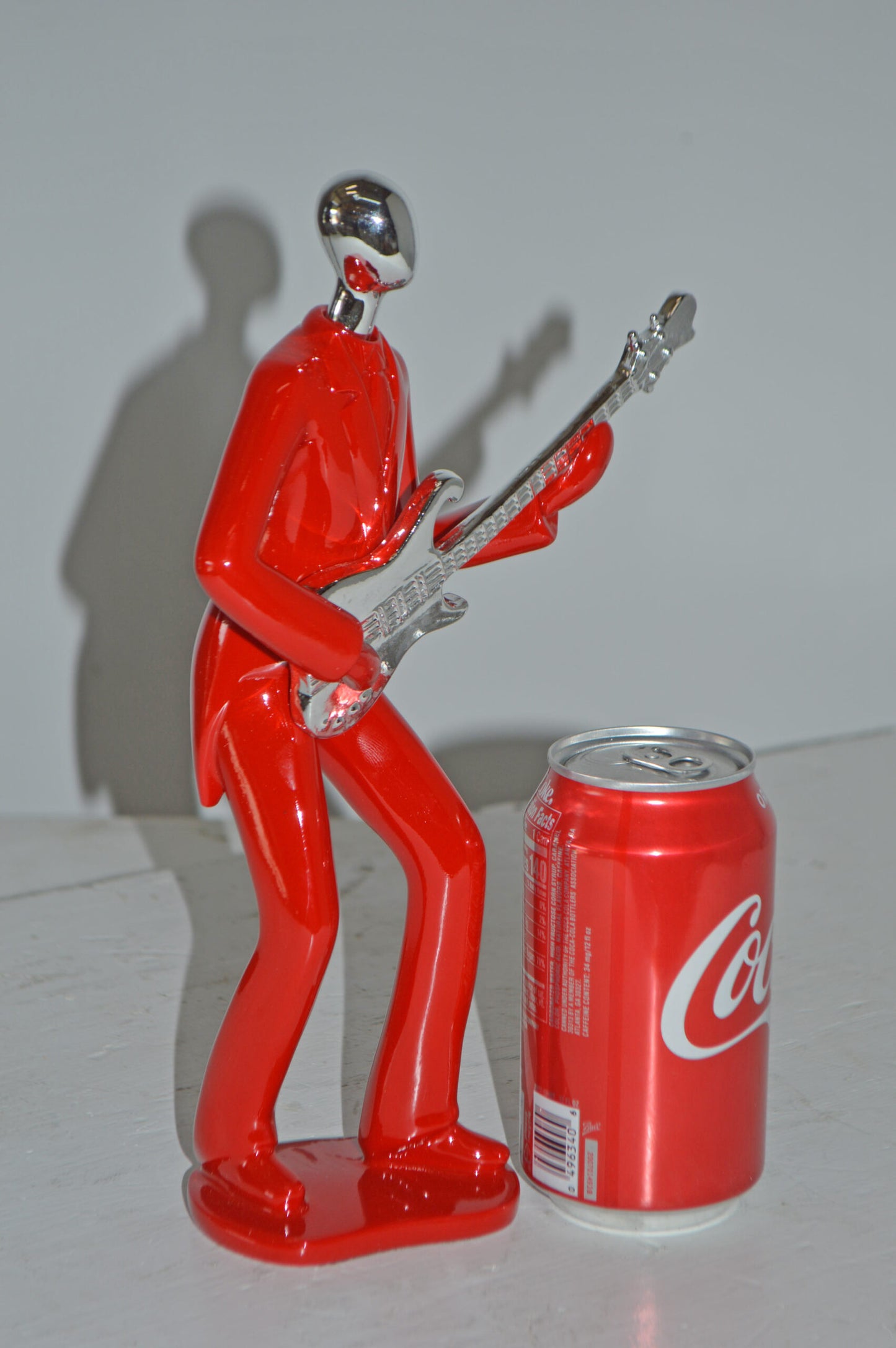 Modern Art Red and Chrome Man Playing Guitar Resin Statue - Size: 7" x 3" x 11"H