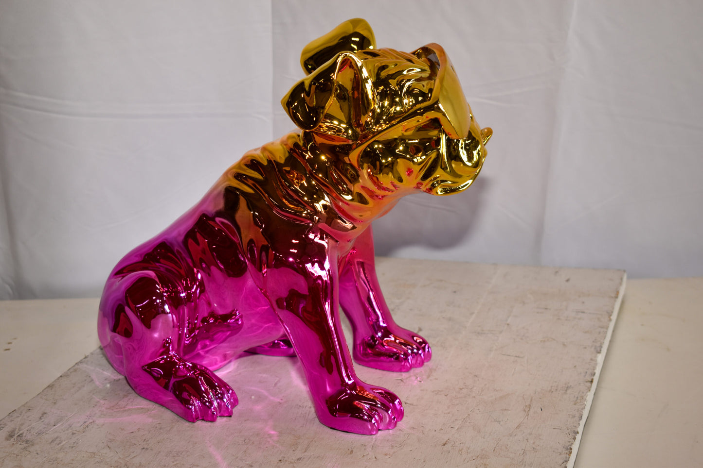 Ombre Pink Chrome Colored Bulldog Resin Statue 16" x 9" x 13"H