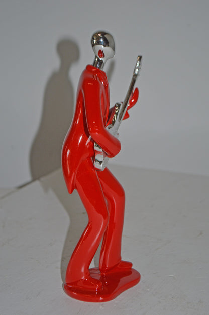 Modern Art Red and Chrome Man Playing Guitar Resin Statue - Size: 7" x 3" x 11"H