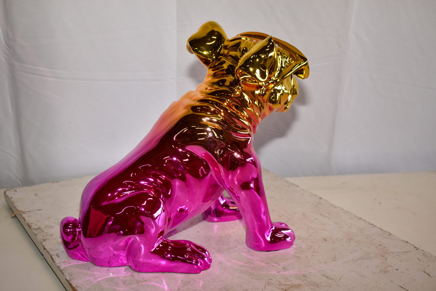 Ombre Pink Chrome Colored Bulldog Resin Statue 16" x 9" x 13"H