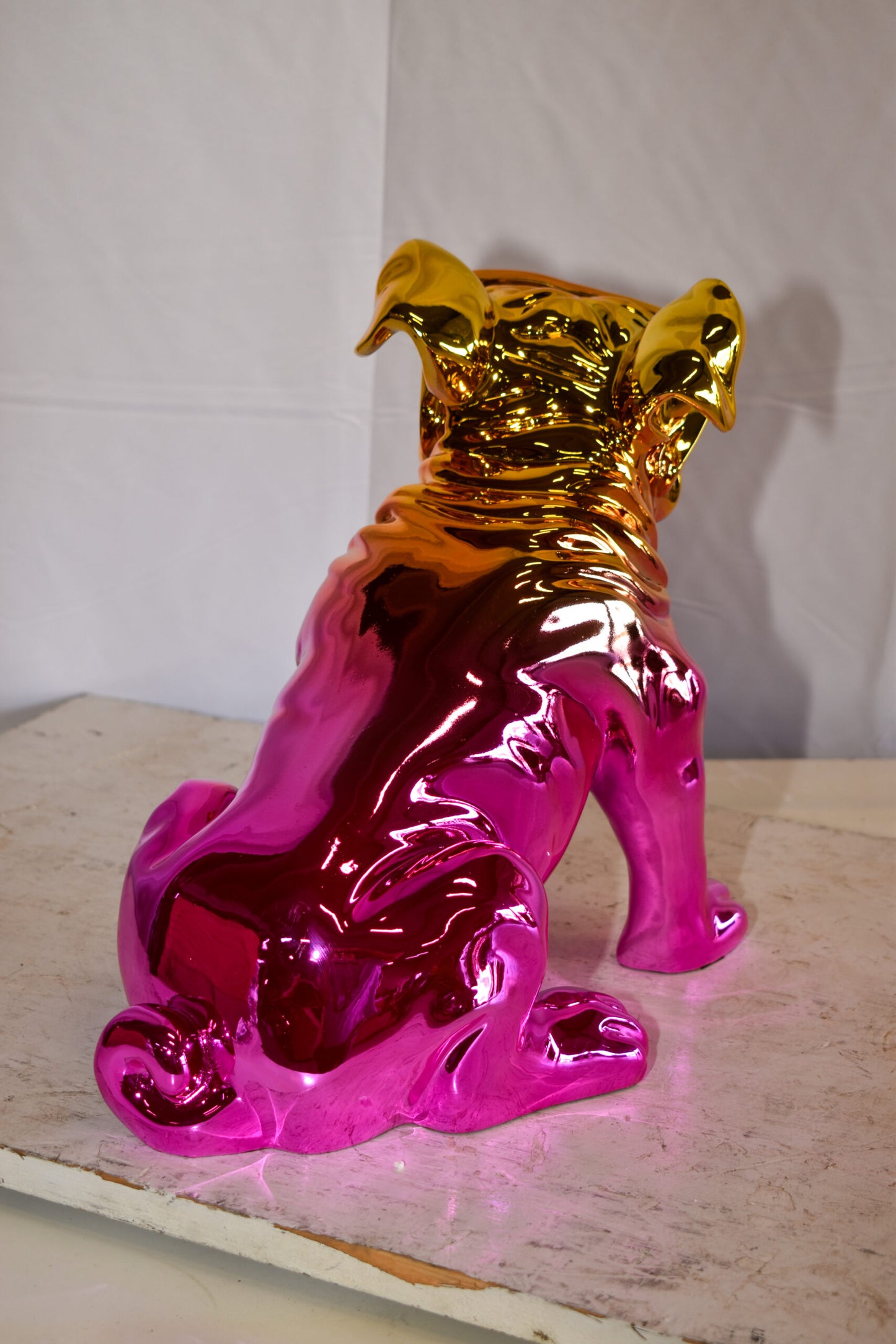Ombre Pink Chrome Colored Bulldog Resin Statue 16" x 9" x 13"H