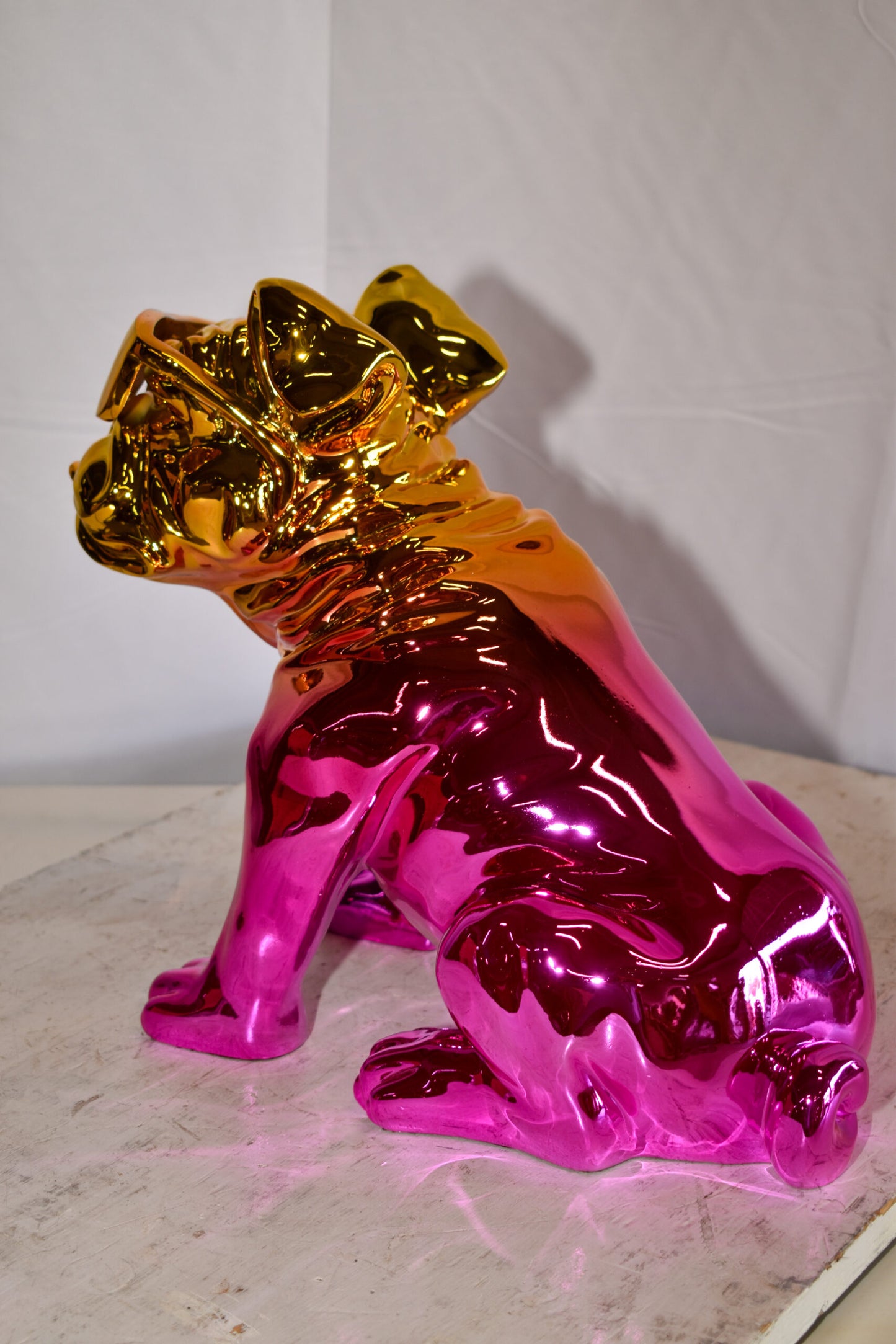 Ombre Pink Chrome Colored Bulldog Resin Statue 16" x 9" x 13"H