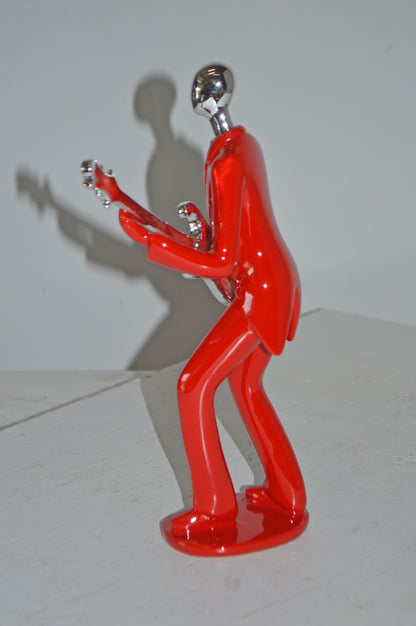 Modern Art Red and Chrome Man Playing Guitar Resin Statue - Size: 7" x 3" x 11"H