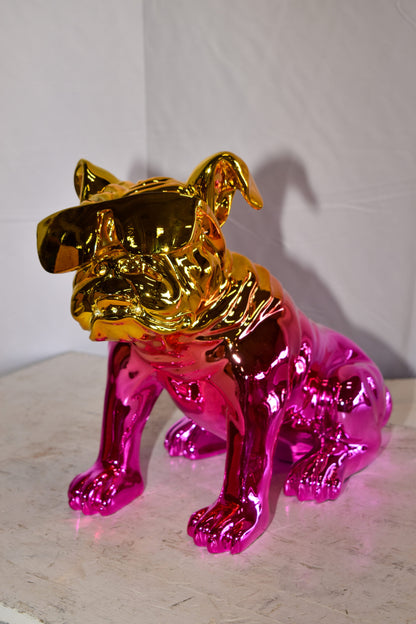 Ombre Pink Chrome Colored Bulldog Resin Statue 16" x 9" x 13"H