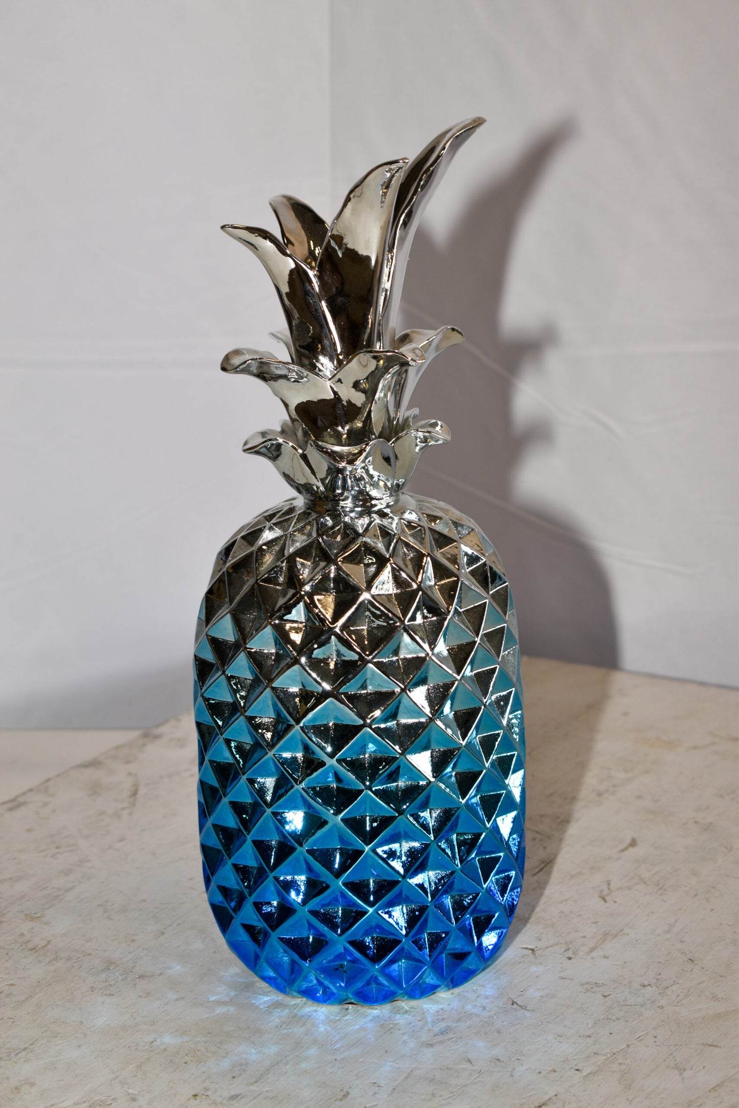 Ombre Blue Chrome Pineapple Resin Statue 6" x 6" x 15"H
