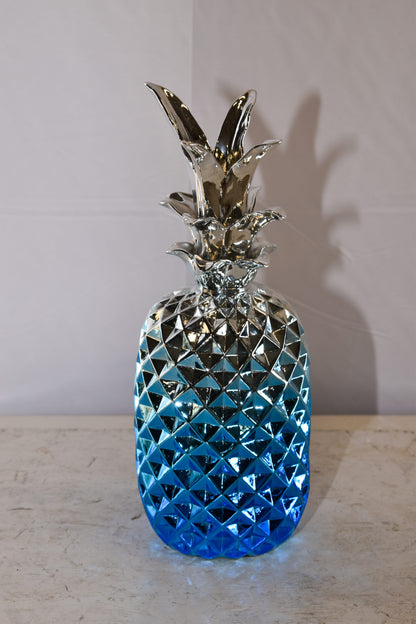 Ombre Blue Chrome Pineapple Resin Statue 6" x 6" x 15"H