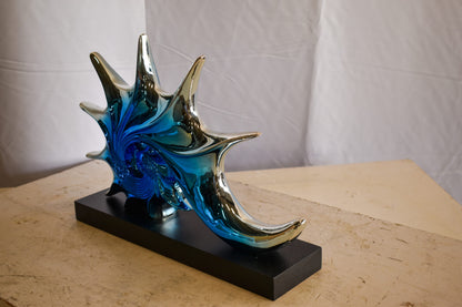 Modern Blue Chrome Sea Urchin Resin Statue on Black Base 17" x 4" x 12"H