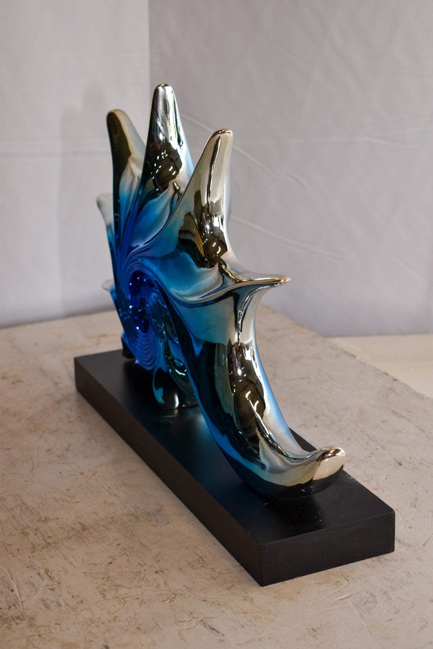 Modern Blue Chrome Sea Urchin Resin Statue on Black Base 17" x 4" x 12"H