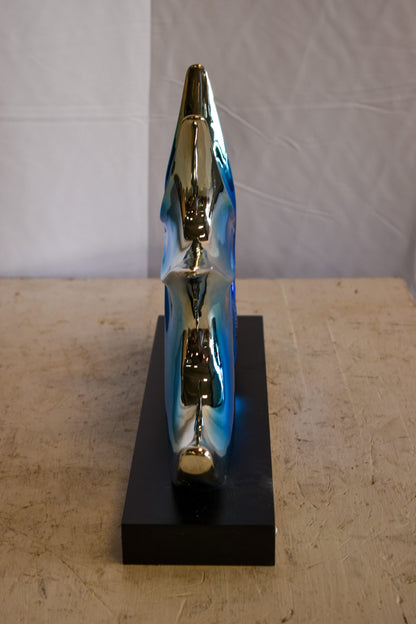 Modern Blue Chrome Sea Urchin Resin Statue on Black Base 17" x 4" x 12"H