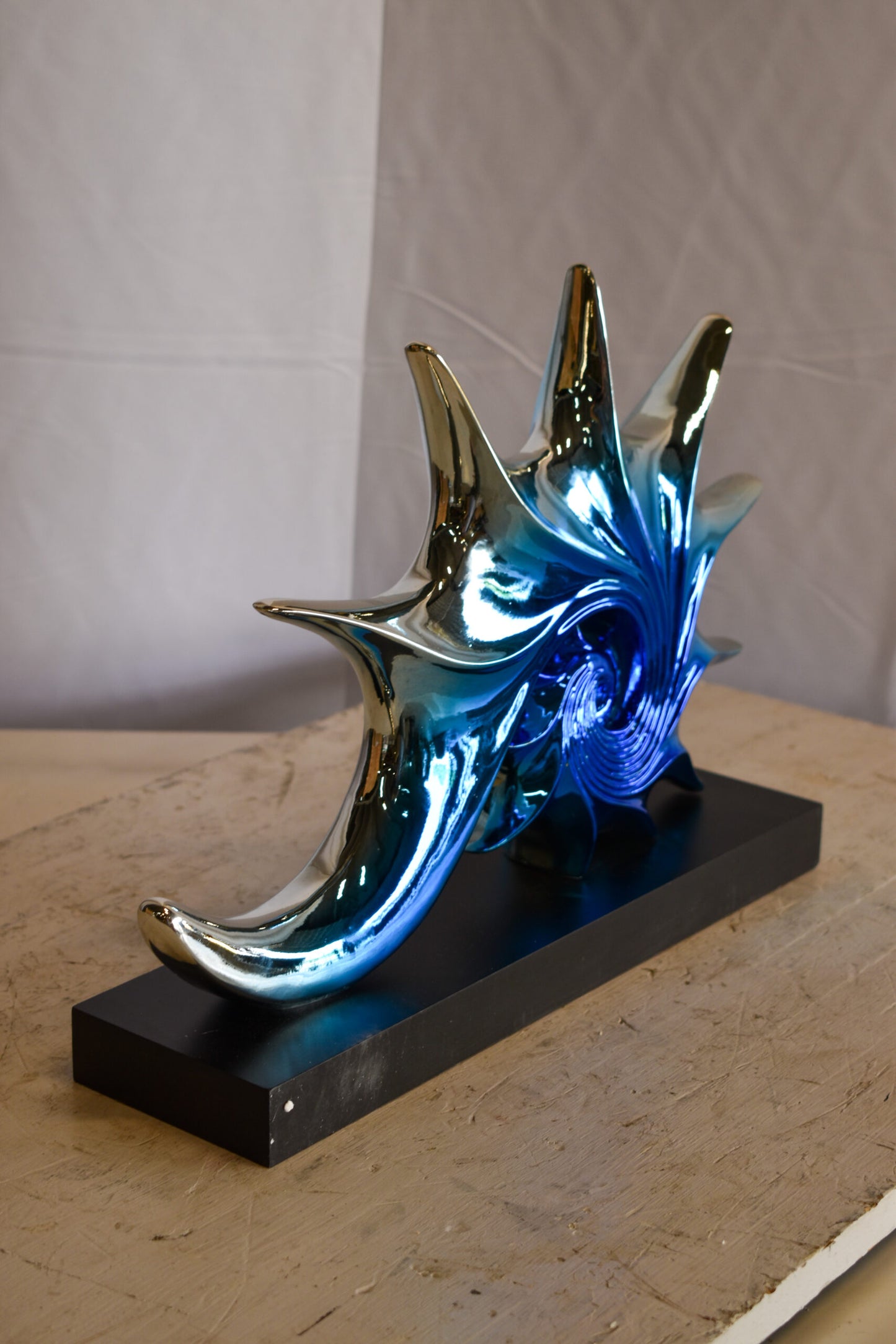 Modern Blue Chrome Sea Urchin Resin Statue on Black Base 17" x 4" x 12"H