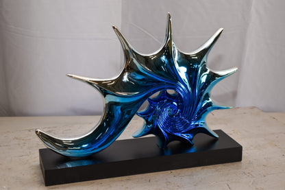 Modern Blue Chrome Sea Urchin Resin Statue on Black Base 17" x 4" x 12"H