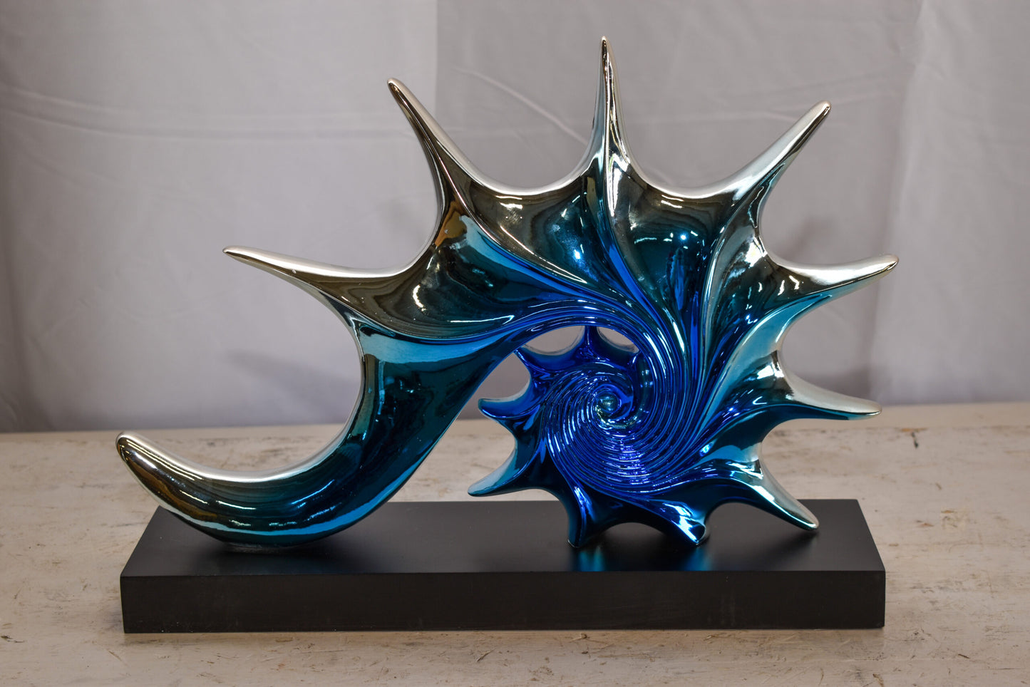 Modern Blue Chrome Sea Urchin Resin Statue on Black Base 17" x 4" x 12"H