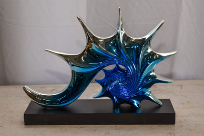 Modern Blue Chrome Sea Urchin Resin Statue on Black Base 17" x 4" x 12"H