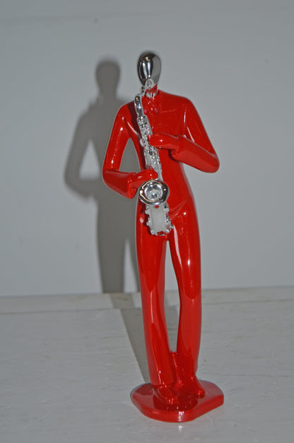 Modern Art Red and Chrome Man Play Saxophone Resin Statue - Size: 4" x 3" x 11"H