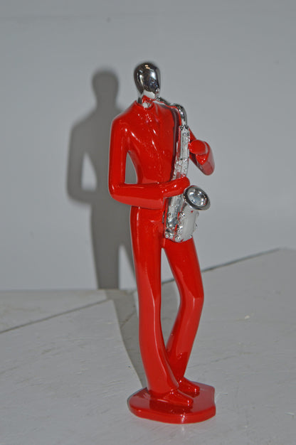 Modern Art Red and Chrome Man Play Saxophone Resin Statue - Size: 4" x 3" x 11"H