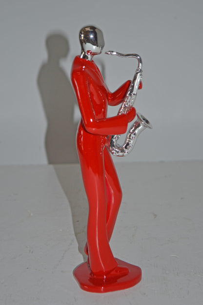 Modern Art Red and Chrome Man Play Saxophone Resin Statue - Size: 4" x 3" x 11"H
