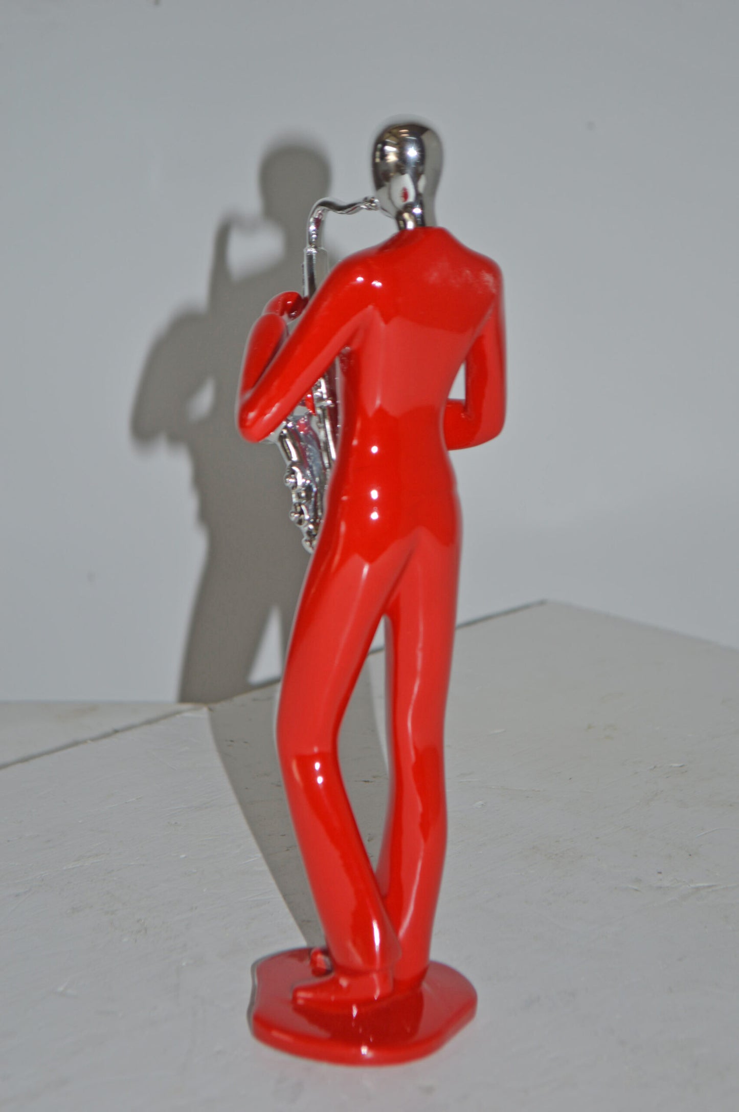 Modern Art Red and Chrome Man Play Saxophone Resin Statue - Size: 4" x 3" x 11"H
