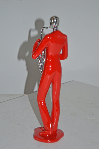 Modern Art Red and Chrome Man Play Saxophone Resin Statue - Size: 4" x 3" x 11"H