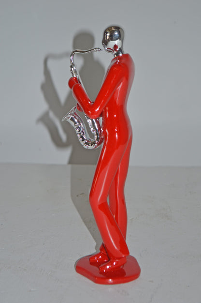 Modern Art Red and Chrome Man Play Saxophone Resin Statue - Size: 4" x 3" x 11"H