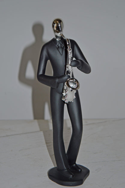 Modern Art Black and Chrome Man Play Saxophone Resin Statue - Size: 4"x3"x11"H