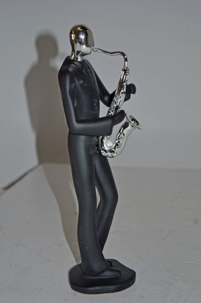 Modern Art Black and Chrome Man Play Saxophone Resin Statue - Size: 4"x3"x11"H