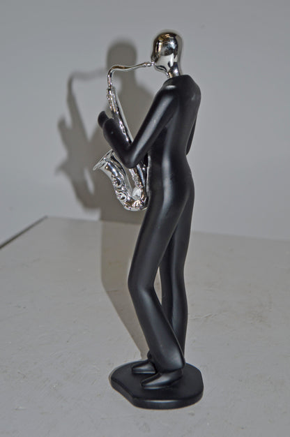 Modern Art Black and Chrome Man Play Saxophone Resin Statue - Size: 4"x3"x11"H