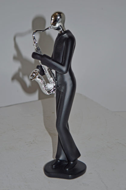 Modern Art Black and Chrome Man Play Saxophone Resin Statue - Size: 4"x3"x11"H
