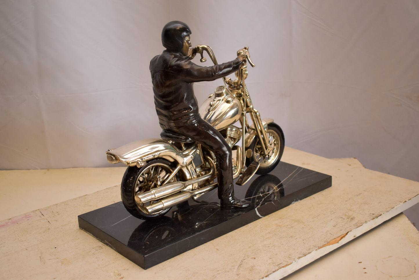 Harley Davidson Rider on his Bike Replica Bronze Statue 20" x 9" x 13"H