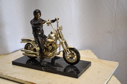 Harley Davidson Rider on his Bike Replica Bronze Statue 20" x 9" x 13"H