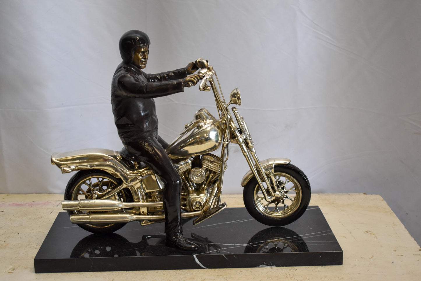Harley Davidson Rider on his Bike Replica Bronze Statue 20" x 9" x 13"H