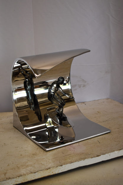 Modern Unique Stainless Steel Ocean Wave Surfer Statue 10" x 9" x 11"H