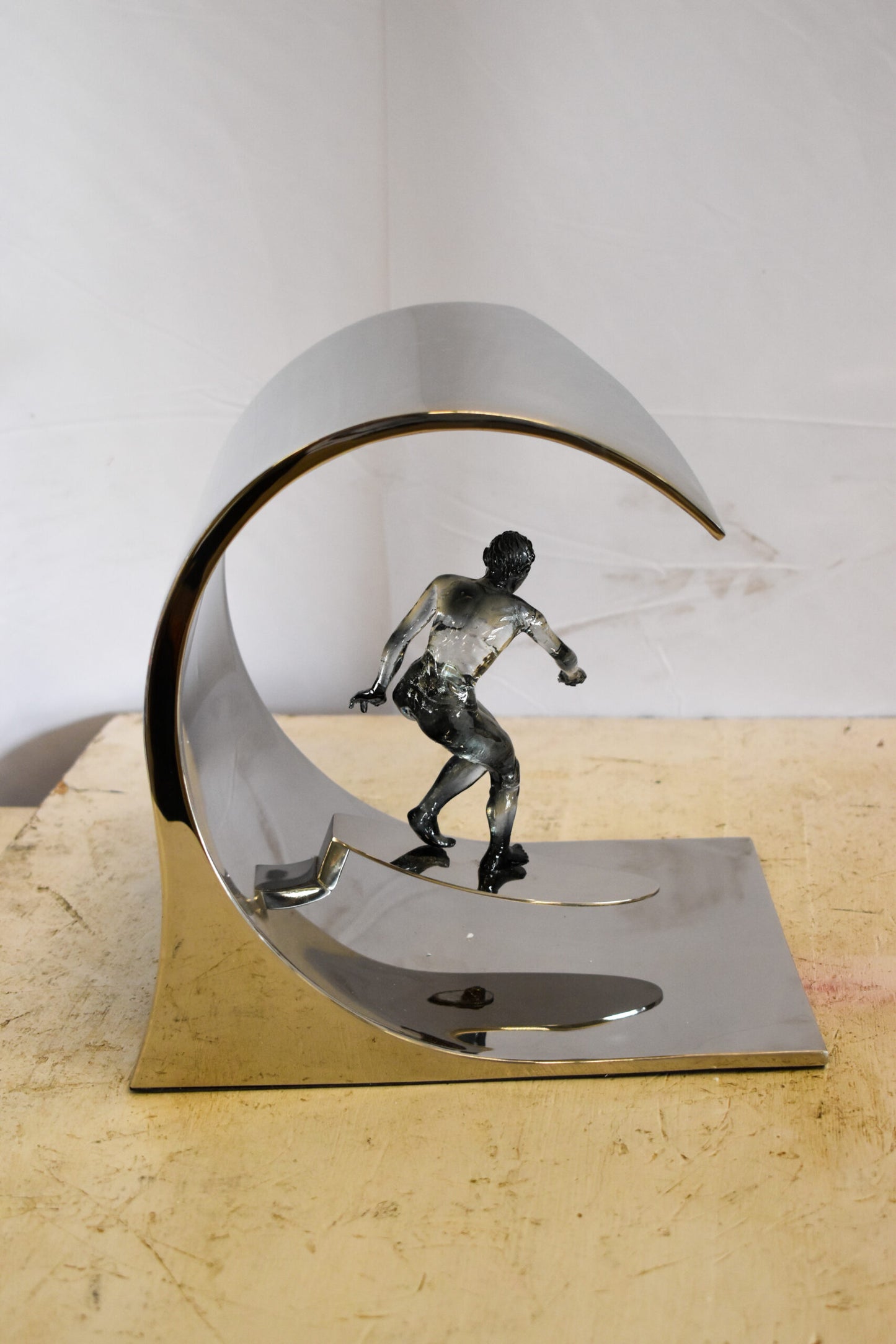 Modern Unique Stainless Steel Ocean Wave Surfer Statue 10" x 9" x 11"H