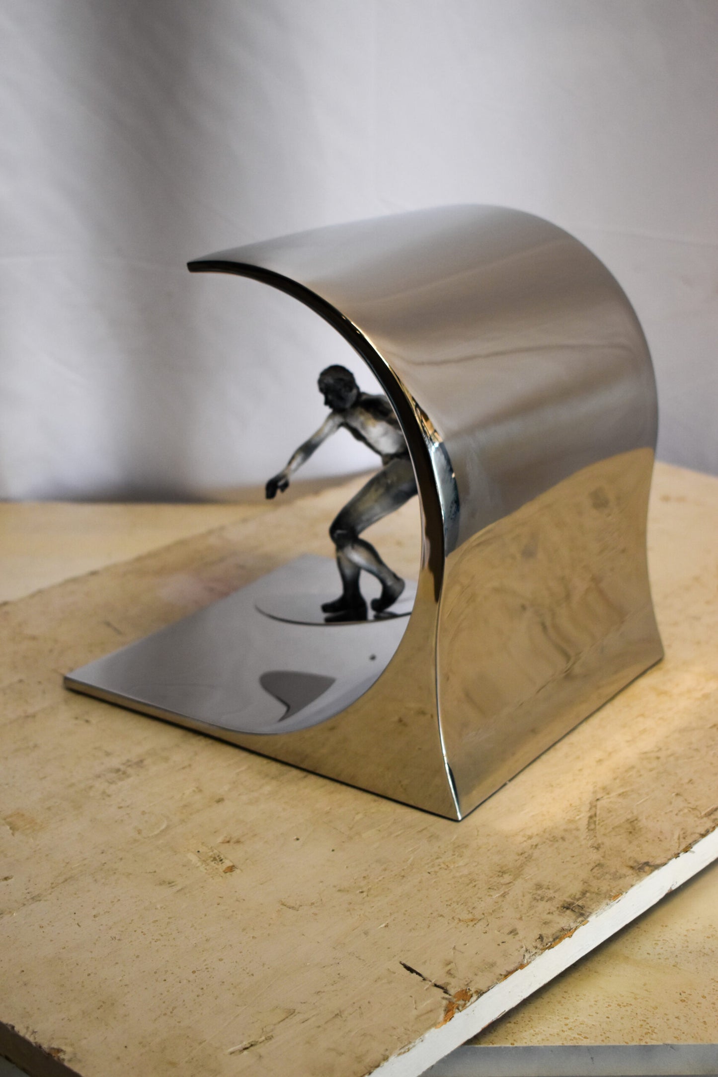 Modern Unique Stainless Steel Ocean Wave Surfer Statue 10" x 9" x 11"H